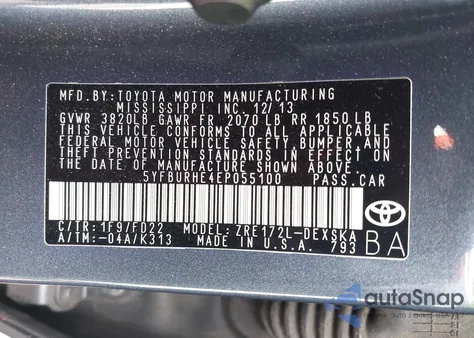 2014 Toyota Corolla S Plus from USA, damaged, VIN 5YFBURHE4EP055100